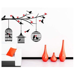 Sky Decal decorative loveing hearts tree birds with cages multicolour wall sticker for home décor (pvc vinyl covering a