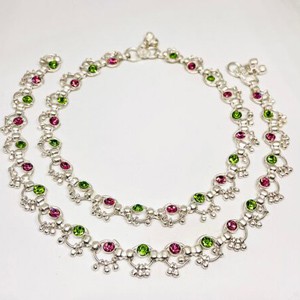 The Qalb Indian Traditional White Metal Anklets Payal Pair with Pink & Green Rhinestone for Women Girls
