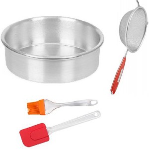 Combo 4Pieces Set of Aluminium Round Shape Cake Mould with Stainless Steel Soup Flour Strainer, Big Silicone Spatula &