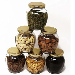 Matka ShapedGlass Jar with Air Tight Gold Lid for Kitchen Dried Masala Storage Jar,Honey Jar and Visible Glass Jar 350