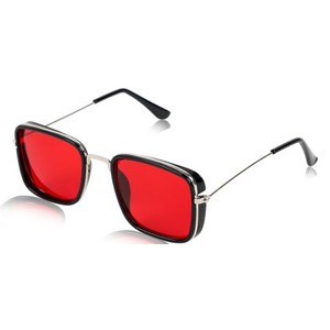 Alchiko Newest Unisex KS Square Retro Sunglasses With UV Protection Black Frame, Red Lens, Free Size