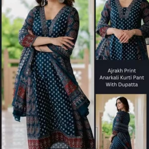 Women's Rayon Printed Anarkali Kurta and Pant with Dupatta Set