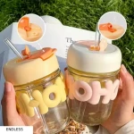 Varnamiya  Multicolour Cute Glass Sipper Cup with Straw & Lid