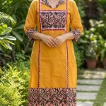 Women Mustard Yellow Cotton Straight Kurti with Printed Yoke