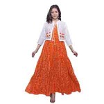 Women Rayon Printed Orange Kurti With White jacke