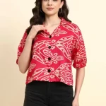 Women Abstract Print Puff Sleeve Casual Shirt