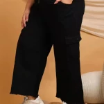 Black Denim Cargo Pants with Elastic Waist & Side Pockets for Women