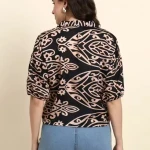 Women Abstract Print Puff Sleeve Casual Shirt