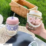 Varnamiya  Multicolour Cute Glass Sipper Cup with Straw & Lid