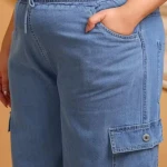 Light Blue Denim Cargo Pants with Elastic Waist & Side Pockets for Women