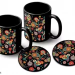 Colorful Pattern Printed 2 Black Ceramic Coffee Mugs ""335 ml with 2 Coasters
