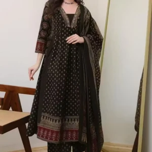 Printed Anarkali Kurta and Pant Set with Dupatta (BLACK)