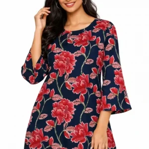 Women’s floral print straight short kurti-Blue with floral prints