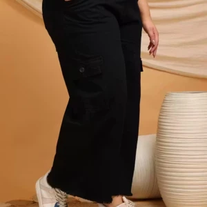 Black Denim Cargo Pants with Elastic Waist & Side Pockets for Women