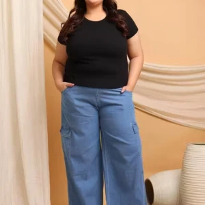 Light Blue Denim Cargo Pants with Elastic Waist & Side Pockets for Women