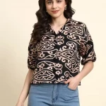 Women Abstract Print Puff Sleeve Casual Shirt