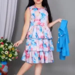 Trendy Blue Floral Layered Winter Dress for Girls with Stylish Jacket